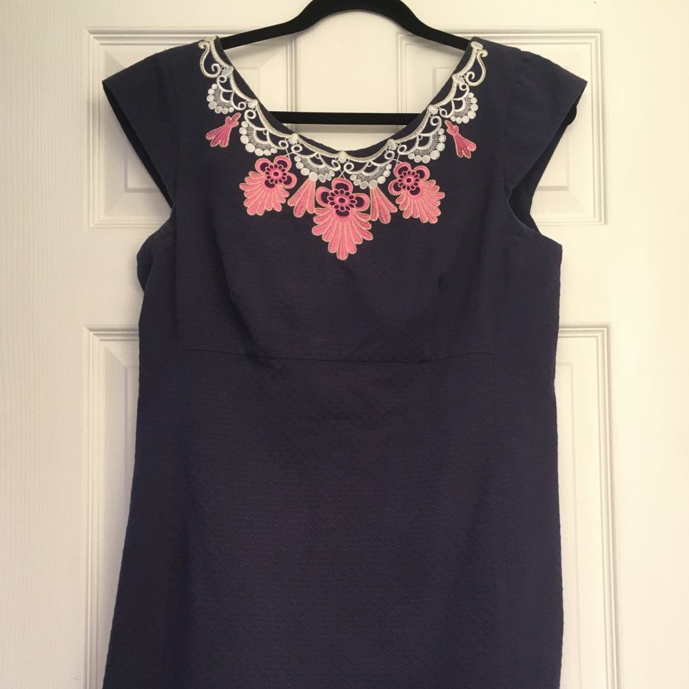 Lilly Pulitzer Navy Dress with Pink and White Embroidered Neckline